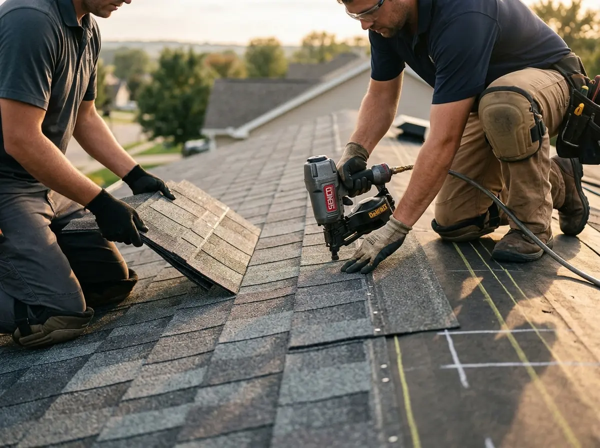 Professional roofer working on a residential roof in Upper Darby